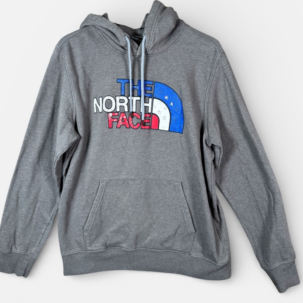 The North Face Hoodie Mens Large Gray Patriotic Logo Pullover Kangaroo Pocket